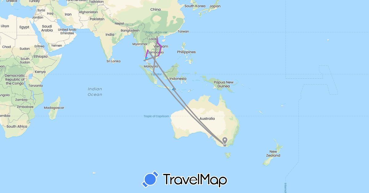 TravelMap itinerary: driving, plane, train, boat in Australia, Indonesia, Singapore, Thailand, Vietnam (Asia, Oceania)
