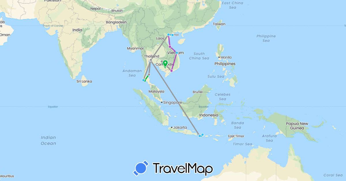TravelMap itinerary: driving, bus, plane, train, boat in Indonesia, Cambodia, Thailand, Vietnam (Asia)