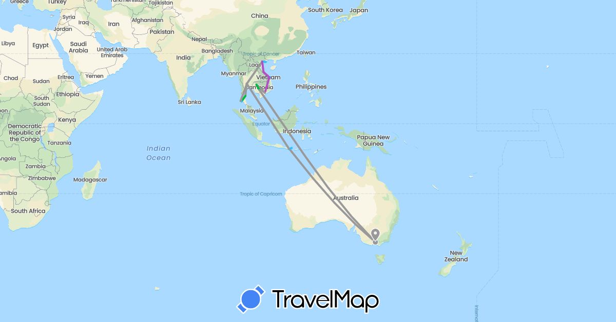 TravelMap itinerary: driving, bus, plane, train, boat in Australia, Indonesia, Cambodia, Thailand, Vietnam (Asia, Oceania)